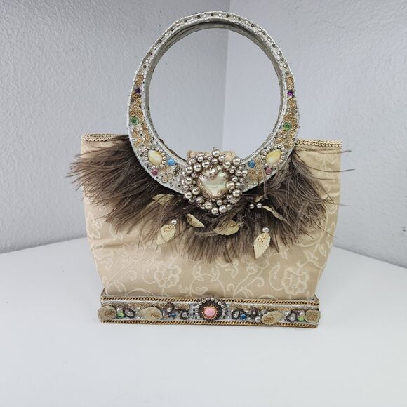 Mary Frances Handbags - Mary Frances Beaded Quilted Silk Evening Bag Jeweled Feather Accent Purse Handba